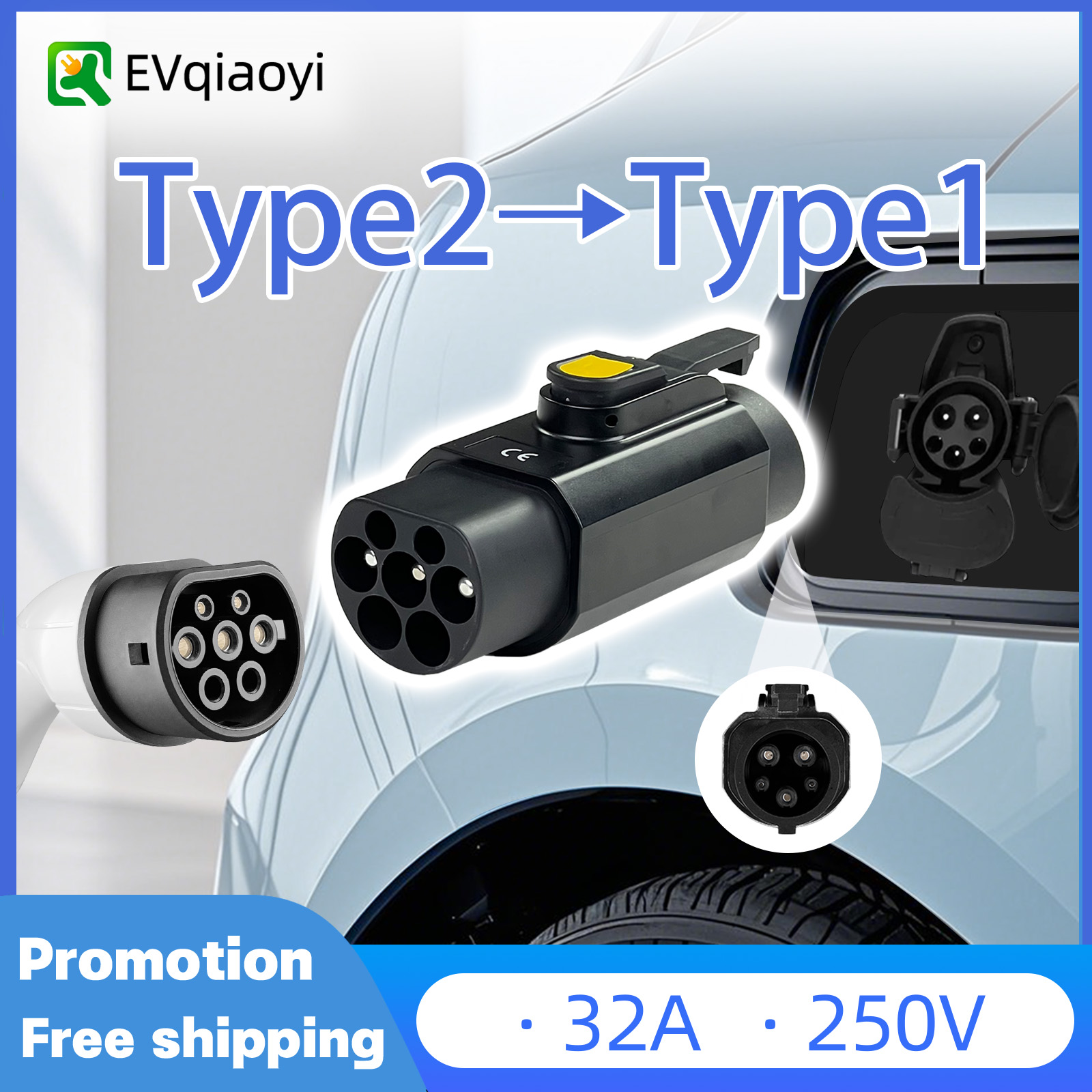 EVqiaoyi タイプ 2 - TYPE1 アダプター 32A 7kW EV タイプ 2 充電器 IEC62196 充電 SAE J1772 カーアダプター用に設計