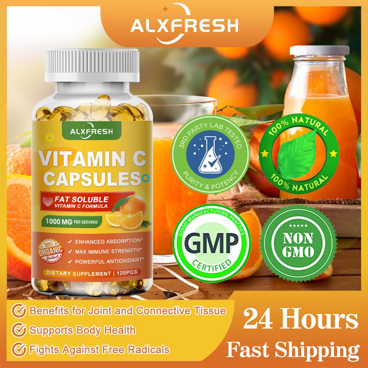 Alxfresh ビタミン C 1000mg 免疫システムと皮膚の健康のための強力な抗酸化コラーゲン ブースター 栄養補助食品 非遺伝子組み換え