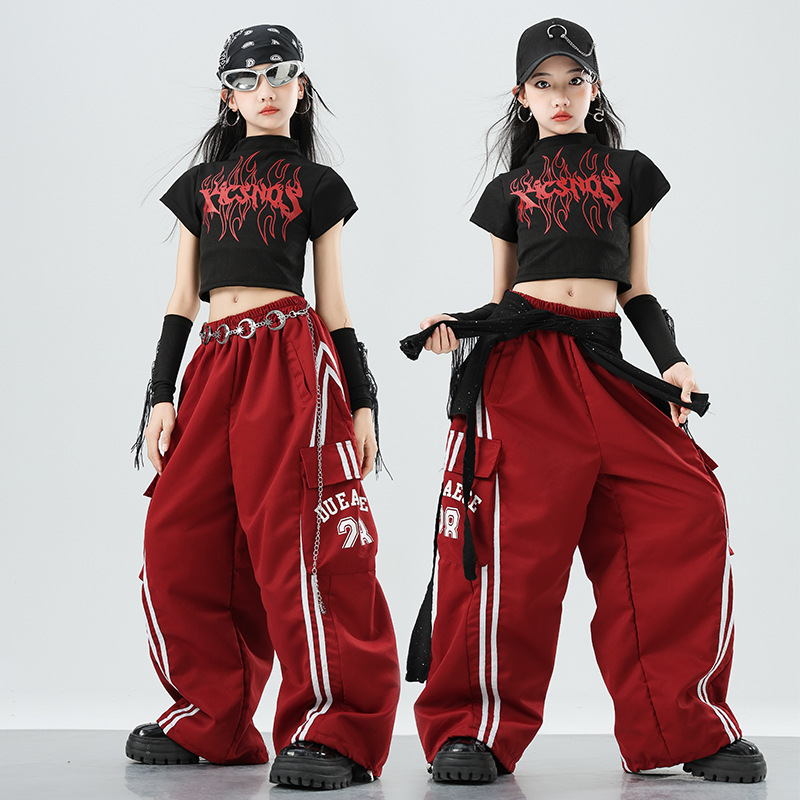 女の子ヒップホップストリートダンス衣装赤いベストルーズパンツ子供パフォーマンスモダンダンス服セットティーンエイジャージャズステージ衣装