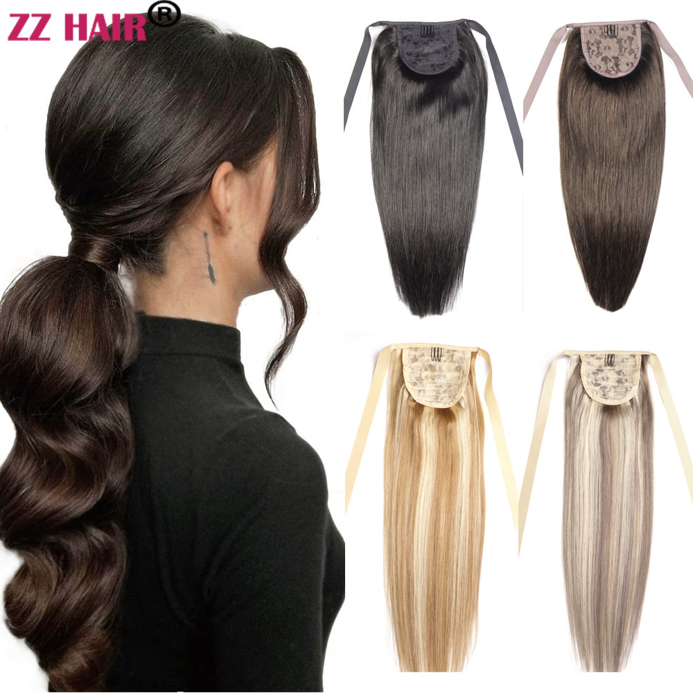 ZZHAIR クリップイン人間レミーヘアエクステンション 16 "-28" リボンポニーテール 100 グラムスギナナチュラルブラジルストレート
