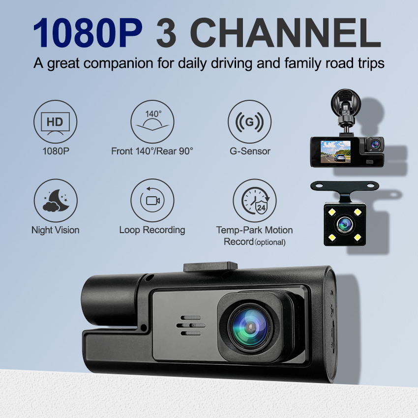 HD 1080P 車載 DVR ダッシュカム 3 レンズ広角ナイトビジョン G センサーループ録画フロント車内およびリア車両カメラ用