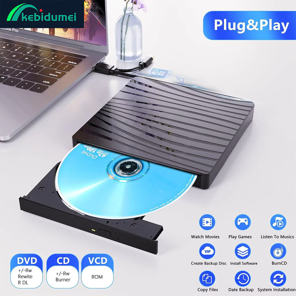 Kebidumei USB 3.0 外部光学ドライブ ポータブル 3D BD-RW ドライブ BD DVD CD プレーヤー バーナー リーダー ラップトップ PC Windows 11/10 Mac 用