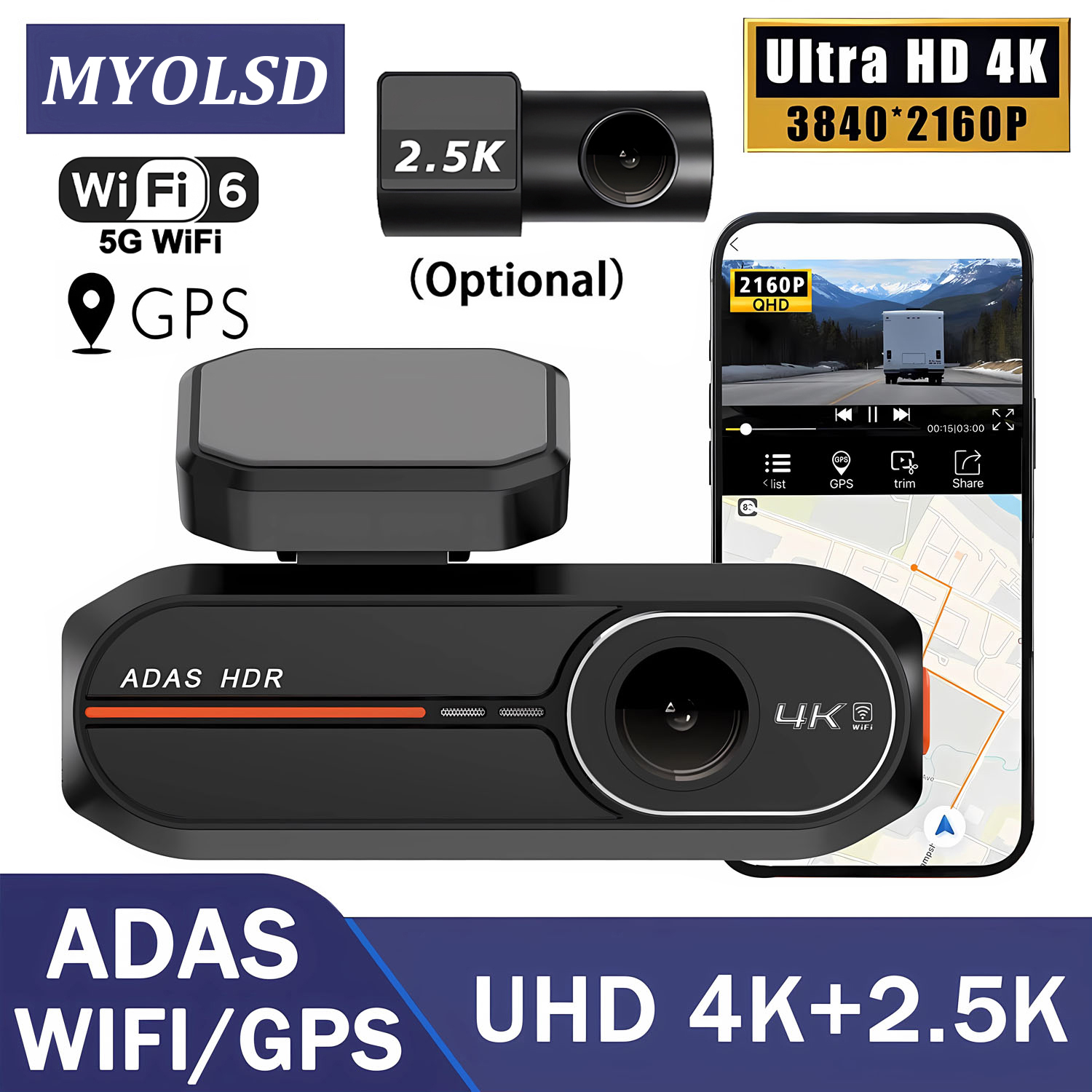 ADAS ダッシュカム 4K 2.5K WIFI 車 DVR デュアルレンズカメラビデオミニドライブレコーダーダッシュカムブラックボックス 24 時間監視ナイトビジョン