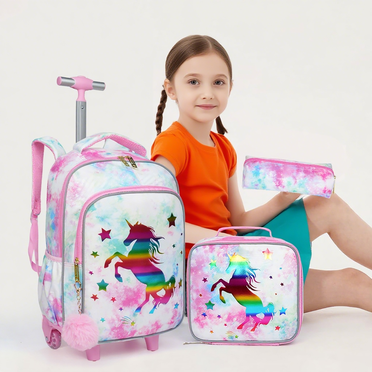 3 個の子供用トラベルバッグ、荷物バッグ、車輪付きブックバッグ、ランチボックスとペンバッグ付き、ピンクの漫画ユニコーン、夜間反射