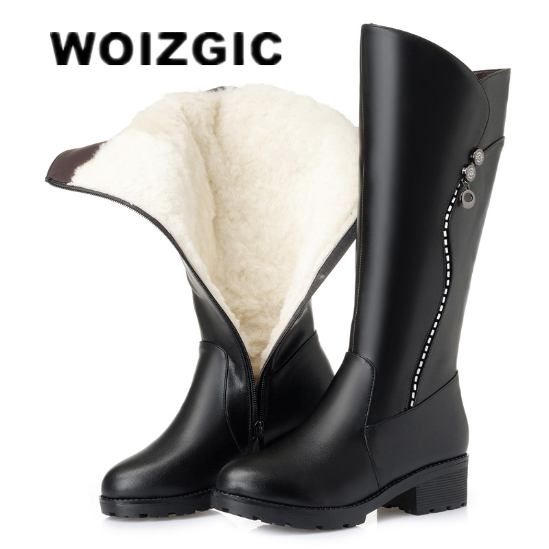 WOIZGIC 女性の本革女性レディースブーツプラットフォームスノーウール豪華な毛皮暖かい冬ミッドヒールジッパープラスサイズ 42 43