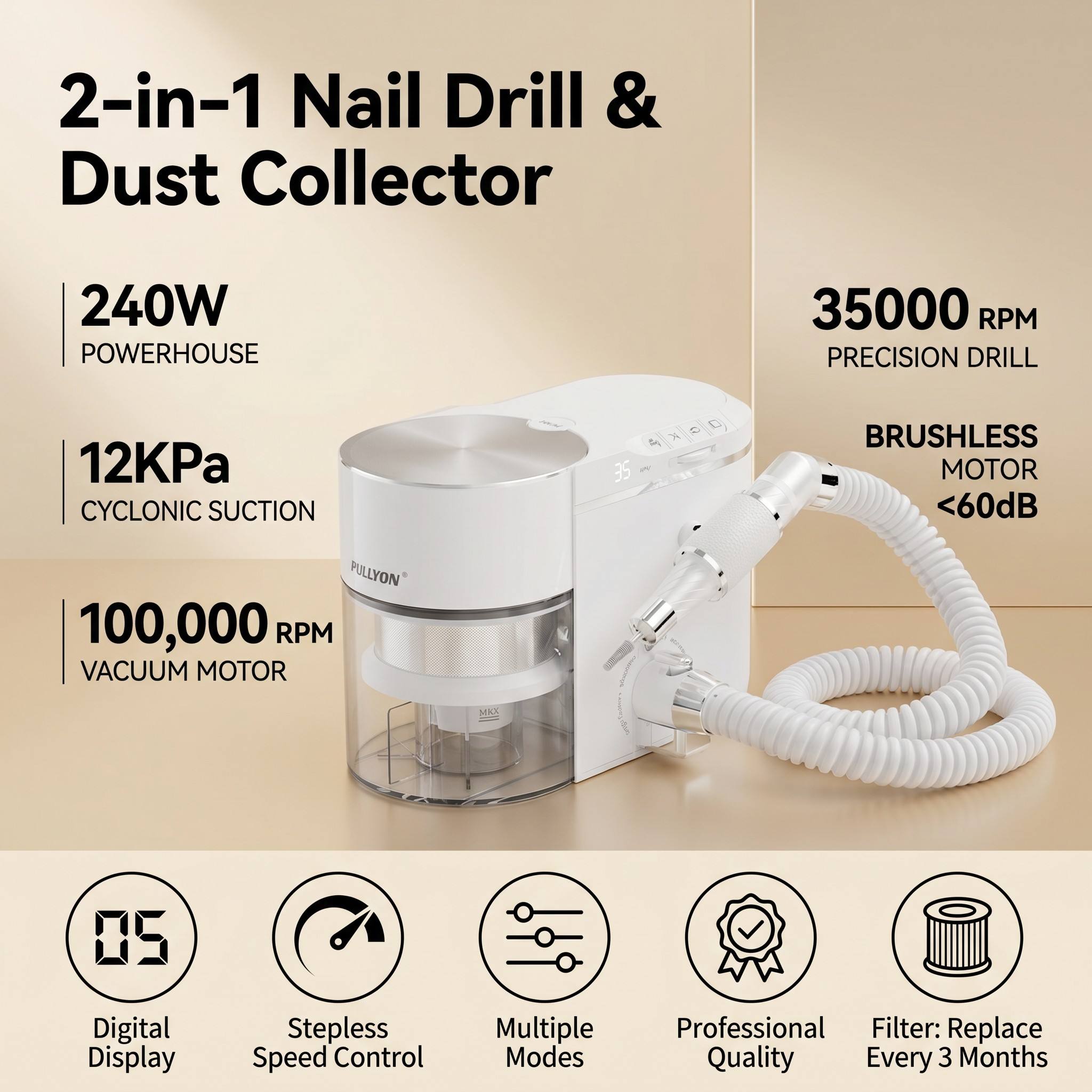 2-in-1 Nail Drill with Dust Collector 240W 35000RPM Professional Integrated Manicure Machine for Salon