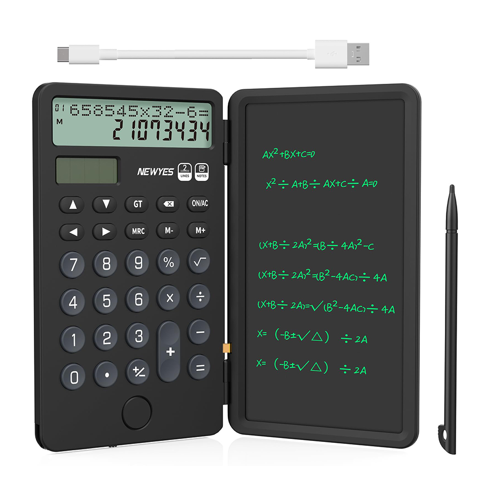 メモ帳付きポータブル電卓 2行12桁大型ディスプレイ 充電式ソーラーパワー デスク電卓 オフィス・学校用 ブラック