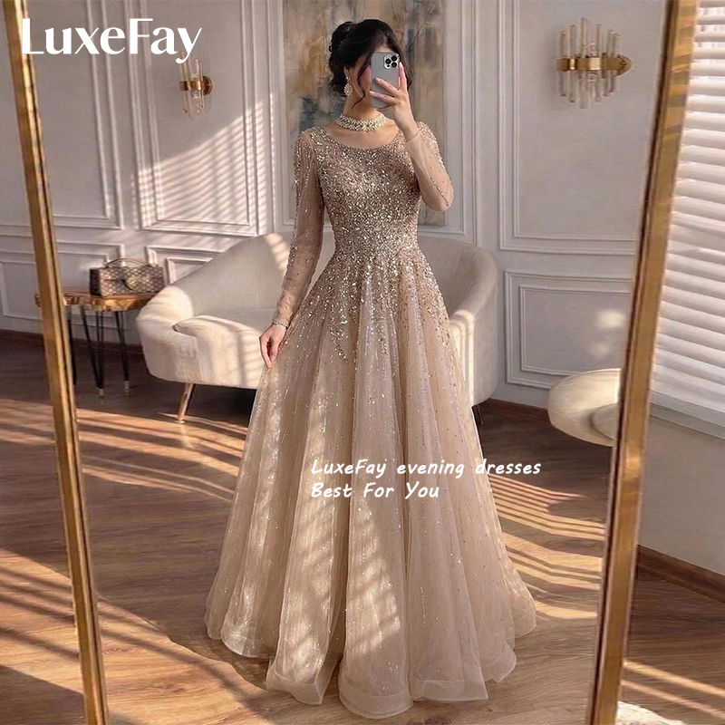 LuxeFay Customized Luxury Nude Long Sleeve Illusion Beaded A-Line Evening Dress 2026 Party Prom Dress فساتين