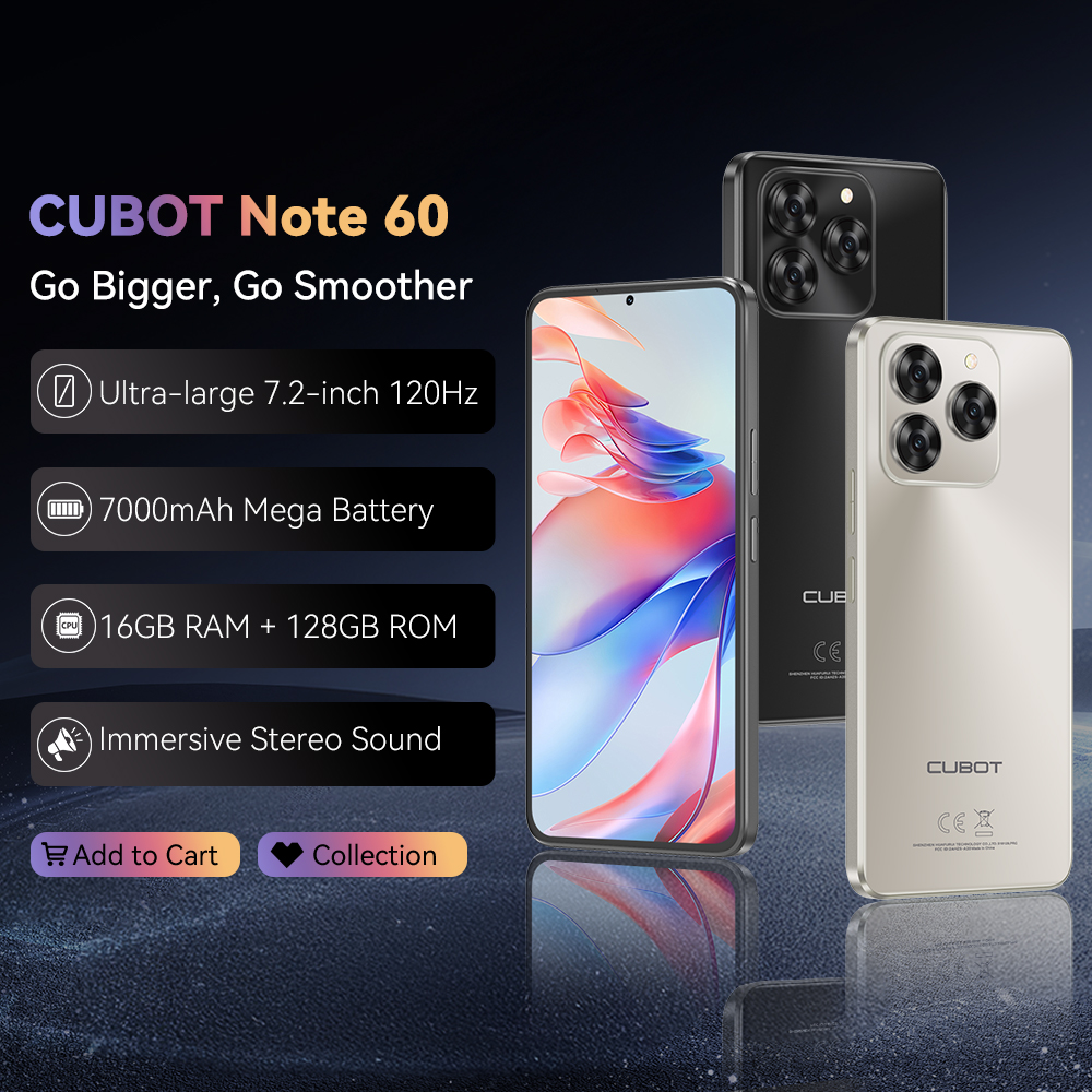 Cubot Note 60 スマートフォン、Android 15、7.2 インチ 120Hz ディスプレイ、オクタコア、16GB(6 10GB )RAM 128GB ROM、48MP カメラ、7000mAh バッテリー
