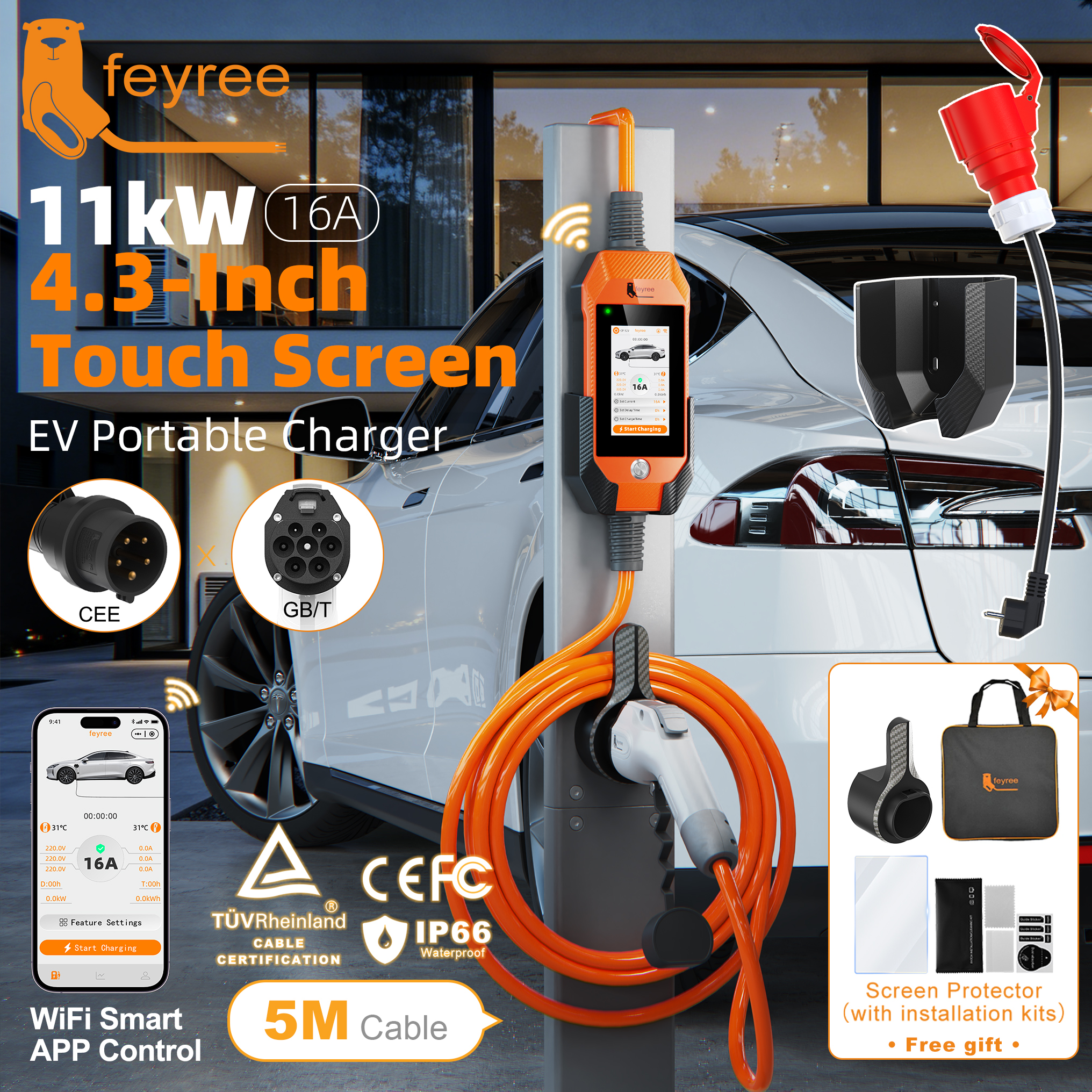feyree 11kW 16A 3P GB/T プラグ ポータブル EV 充電器 4.3" タッチスクリーン