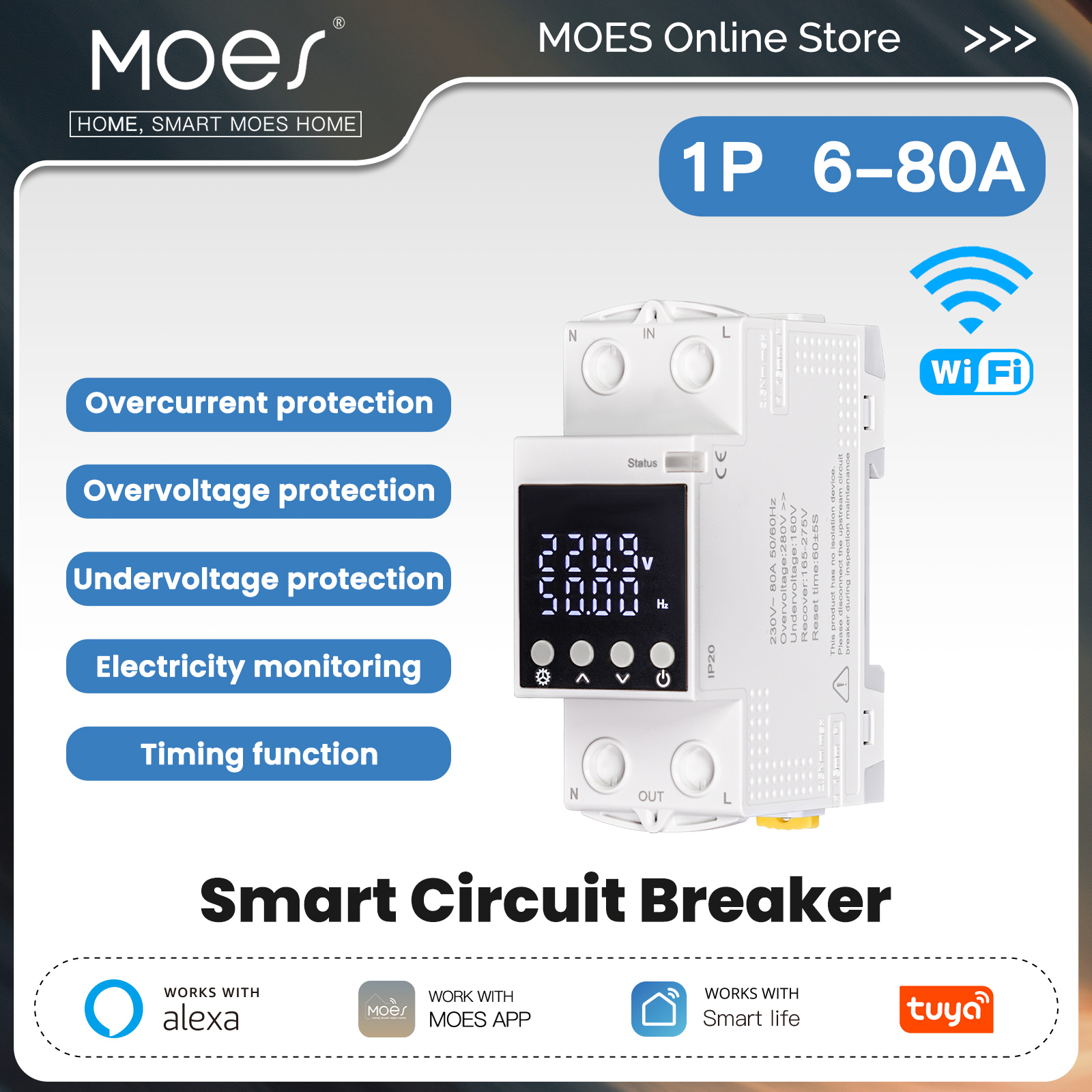 MOES 80A WiFi Tuya スマートサーキットブレーカーアラームしきい値セット電気モニター V0 耐火性難燃性アプリ制御 Alexa 付き