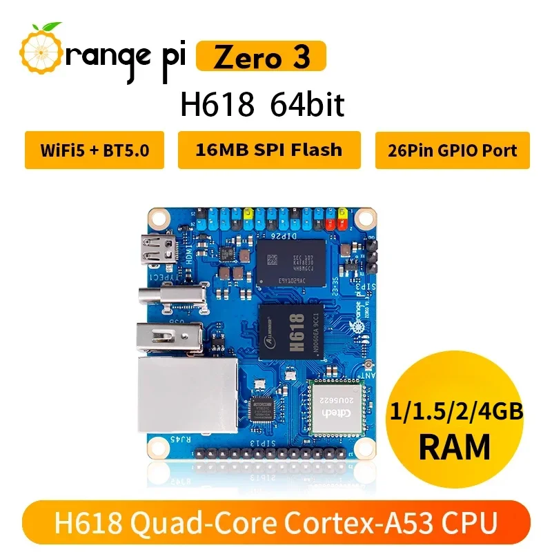 新しいオレンジ Pi Zero3 1 グラム 1.5 ギガバイト 2 ギガバイト 4 ギガバイト RAM Allwinner H618 64 ビット USB2.0 WiFi5 BT 5.0 ギガビット LAN ポートミニ PC オープンソースボード