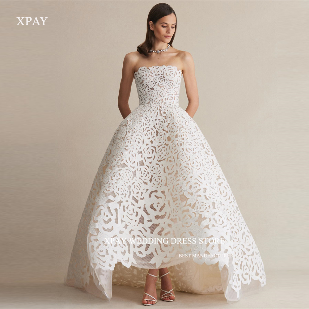 XPAY セクシーなストラップレスフルレース A ラインのウェディングドレス Vestido デ noiva モダンなブライダルドレスカスタマイズされたコルセットバックローブデマリアージュ