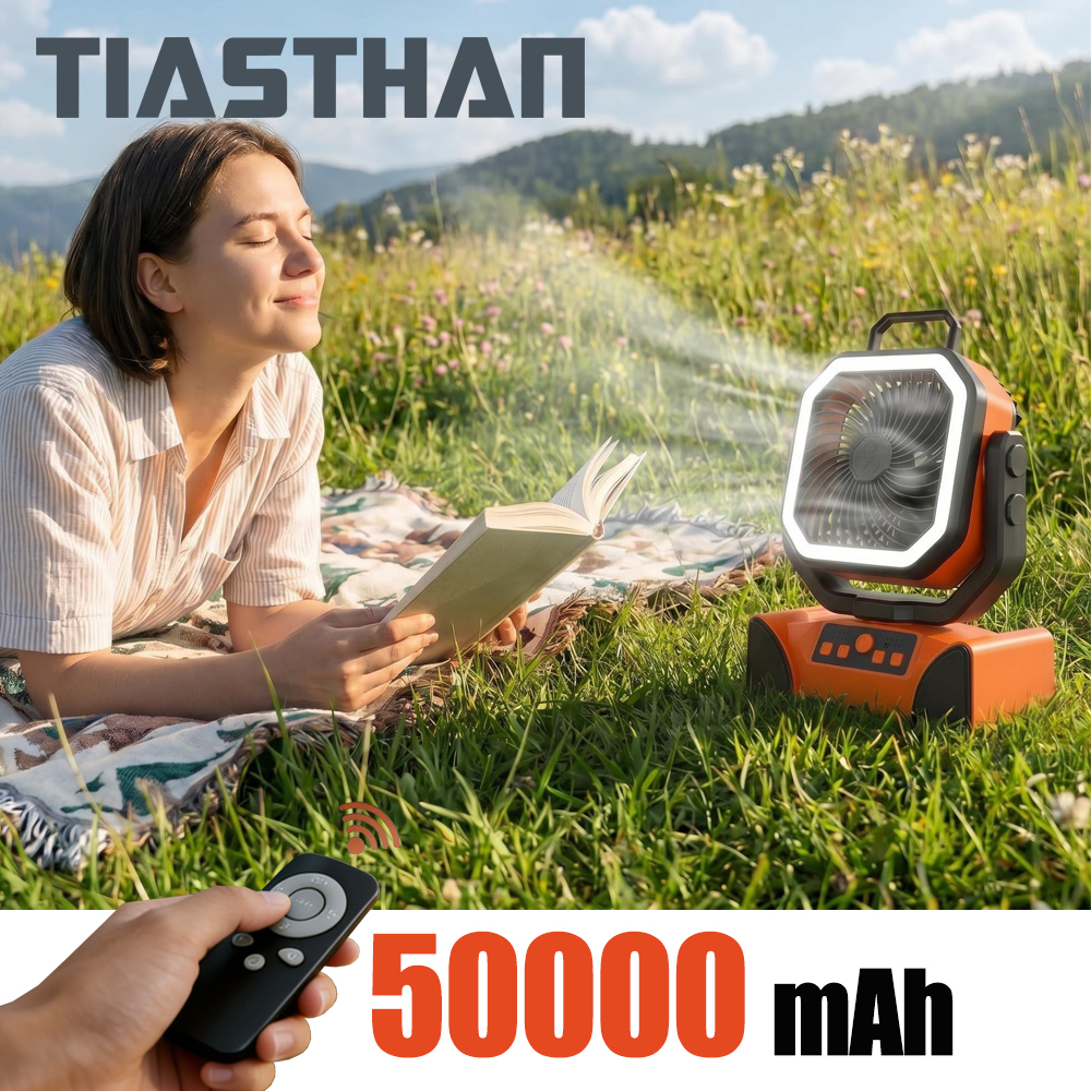 50000mAh 屋外キャンプファン リモコン付き 4 ギア 風速最大 100 時間のランタイムハンドル ポータブル冷却電動ファン