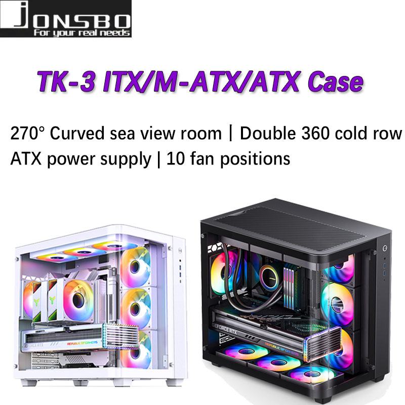 JONSBO TK-3 270°カーブシービュールーム ATX シャーシ (デュアル 360 ラジエーター/ATX 電源/10 ファンポジション/Type-c Gen2 10Gbps)