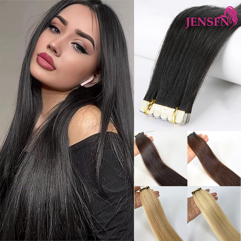 JENSFN ミニテープヘアエクステンション 100% ナチュラル人毛レミー品質ストレートシームレス PU テープインブラウンブロンドサロン用