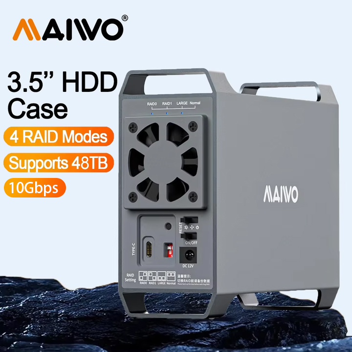 MAIWO 3.5 インチ ディスク アレイ ハード ドライブ ボックス、デュアル ベイ RAID アレイ ボックス、SATA から USB 3.0 ディスク外部ボックス、ファン付き 4 つの RAID モード