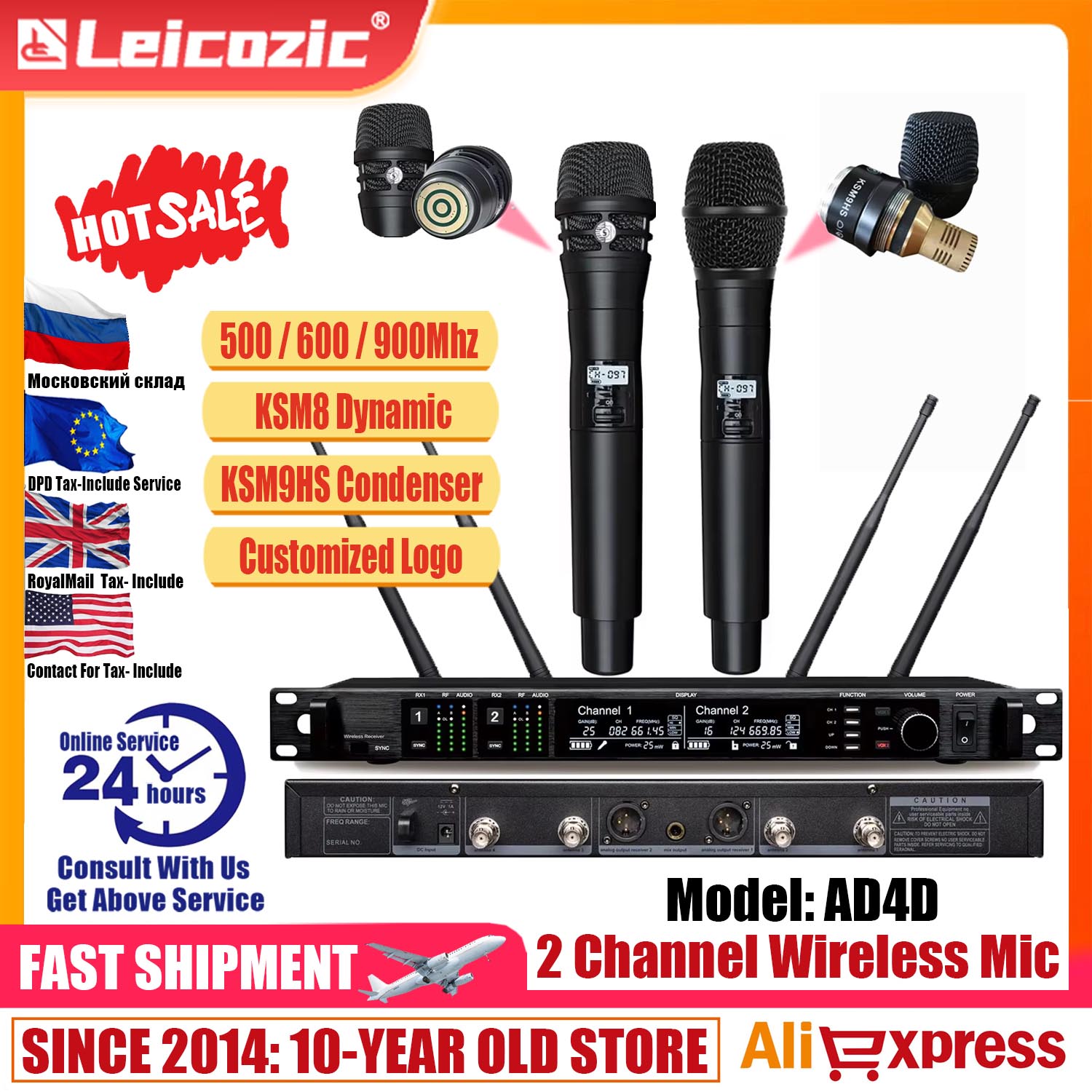 Leicozic AD4D/KSM9 900/500/600Mhz ステージマイクワイヤレスシステムコンデンサー Microfone ハンドマイクラベリア Microfono UHF Microfon
