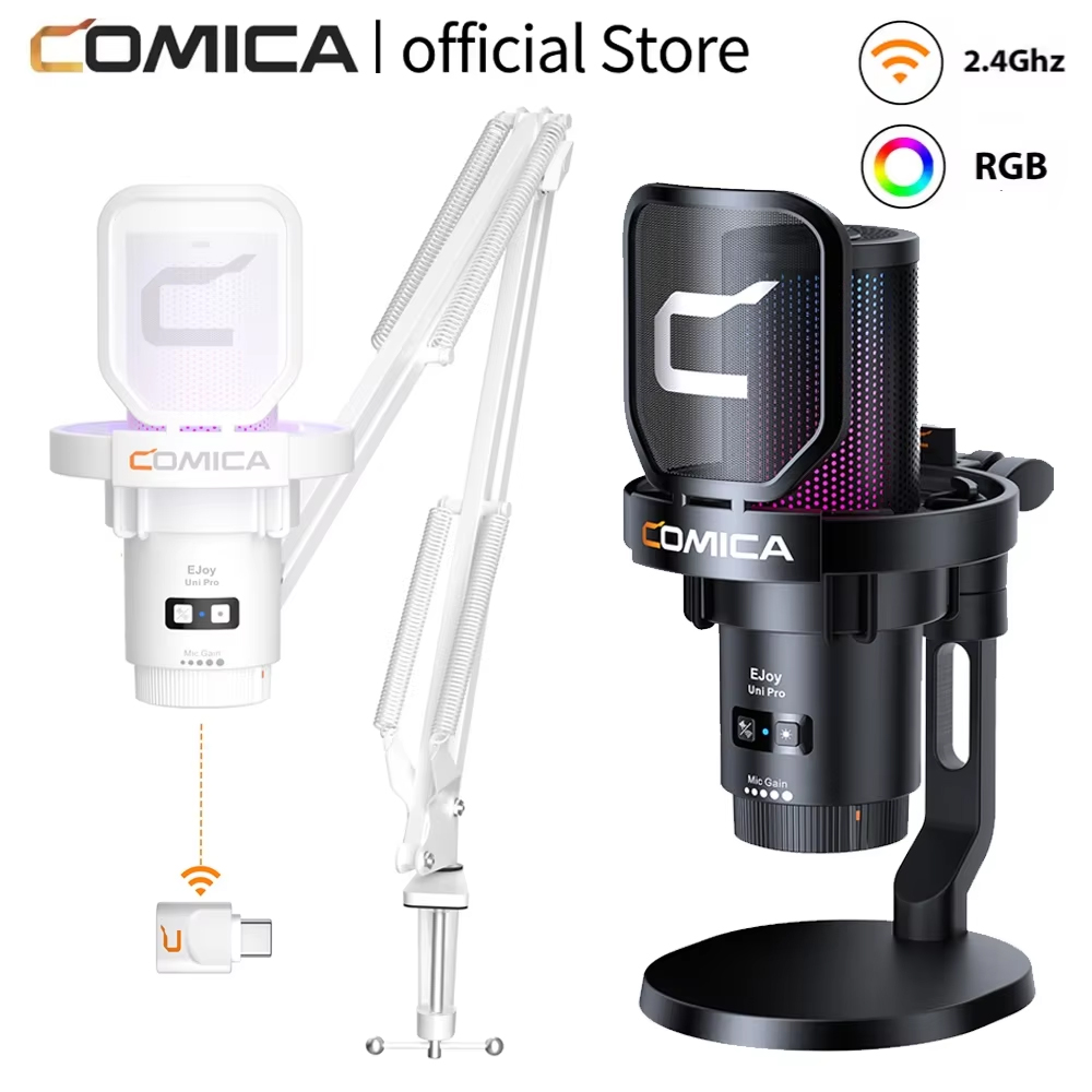 COMICA Uni Pro ワイヤレス USB ゲーミングマイク PC ラップトップ スマートフォン用 ノイズキャンセリングコンデンサーマイク RGB ライト付き