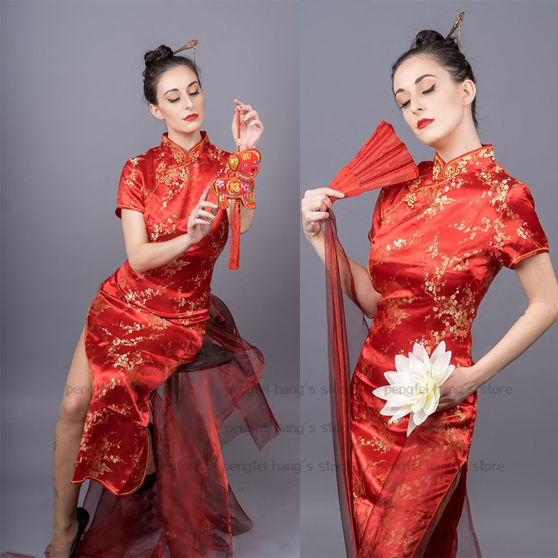 赤中国の旧正月 Chesongam ロングスプリット Vestidos フェスティバルパーティードレス女性の伝統マンダリンカラー袍半袖漢服
