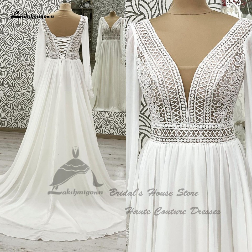 Lakshmigown ふわふわシフォン長袖ビーチウェディングドレス 2025 Vestidos エレガントな自由奔放に生きるブライダルドレスレースアップバックカスタマイズ