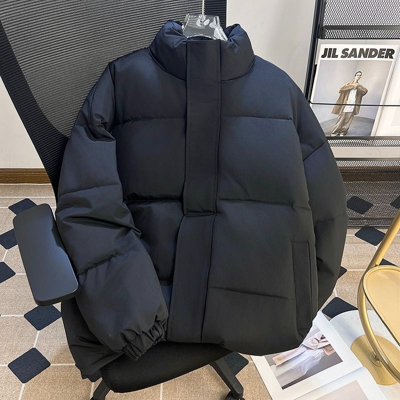 男性用ピュアブラック軽量ダウンジャケット、冬ユース、2つのコットンジャケット、コットンジャケット、ハイストリート立ち襟フェイス