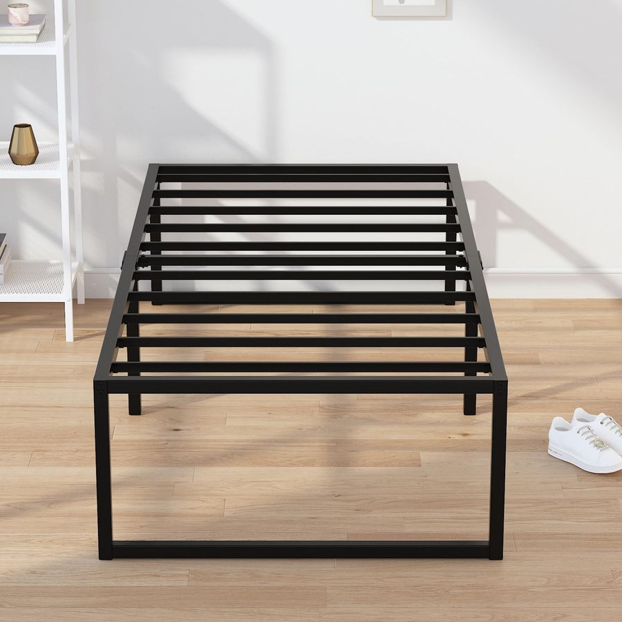 18インチナローツインベッドフレーム30x75、高耐久金属プラットフォームボックススプリング不要、簡単組み立てノイズフリー、ブラック