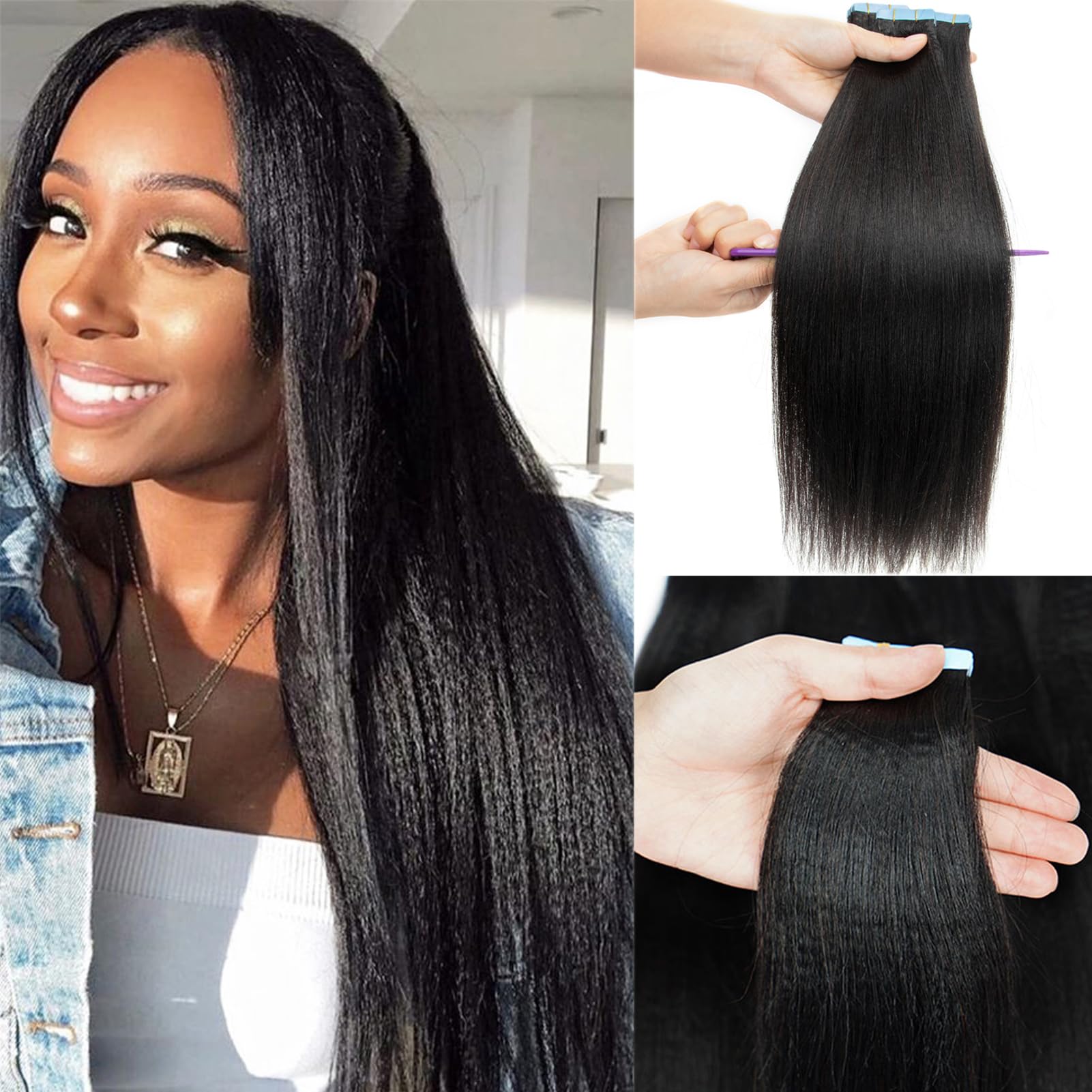 ナチュラルブラックテープインヘアエクステンション本物の人毛ライトヤキテープイン