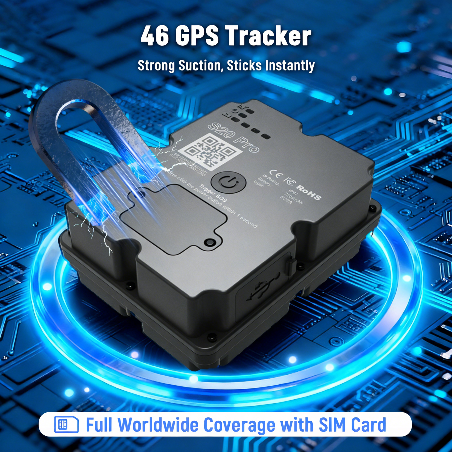 Wanway 4G LTE 磁気 GPS トラッカー | 7500mAh ロングスタンバイ | Google マップの交通状況表示 |自動車資産ロケーター