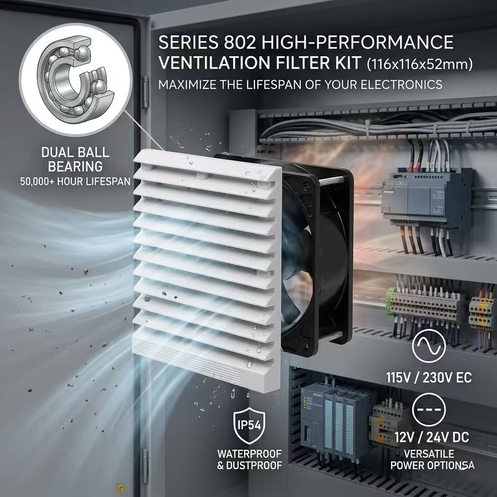 116 ミリメートルキャビネット換気フィルターファンキット IP54 防水冷却電気エンクロージャ AC 115 V 230 V EC/DC 12 V 24 V