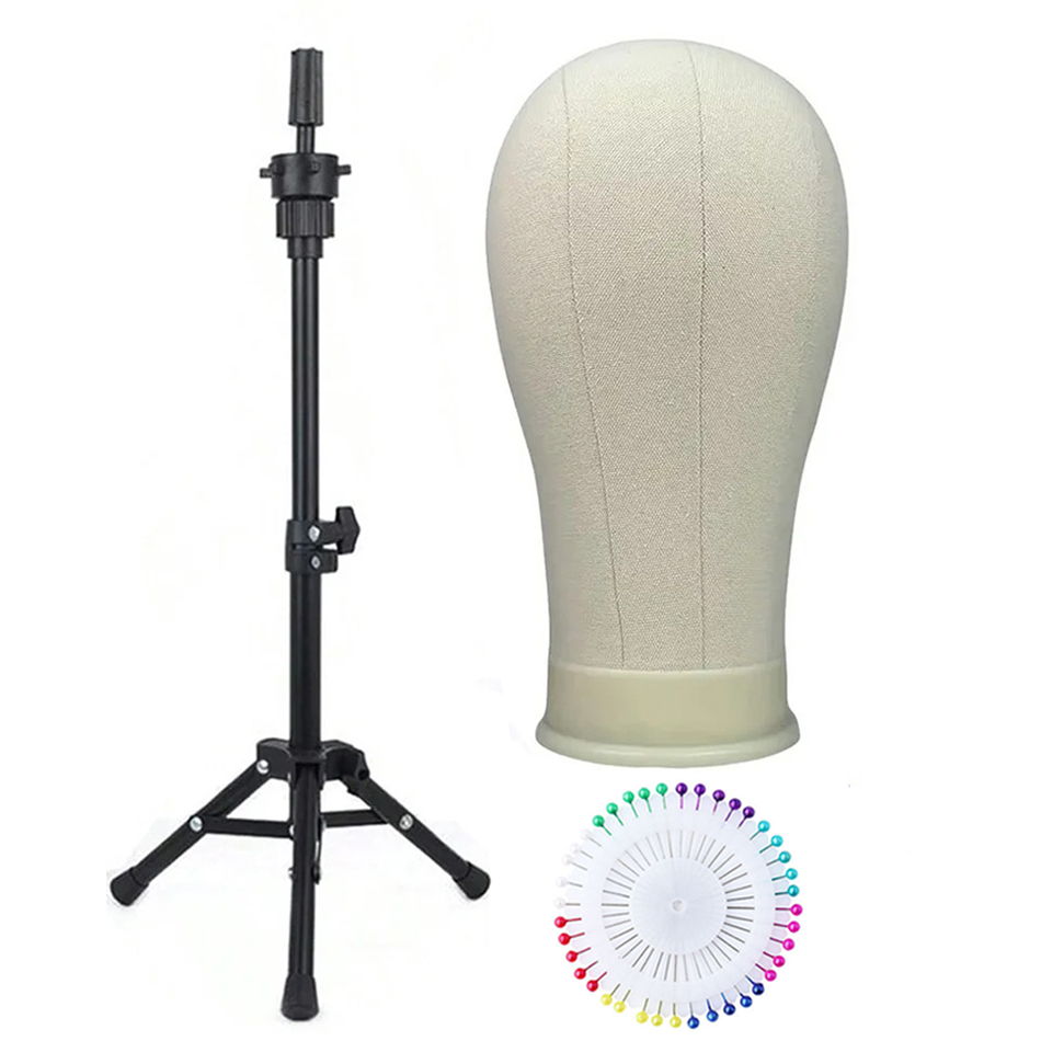 22Inch Canvas Block Wig Head With Wig Tripod Stand Soft Cork Canvas Block Head For Displaying Mannequin Wig For DlY Wig Making