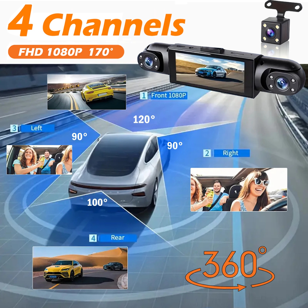 4チャンネルダッシュカム360°カービデオレコーダーブラックボックスナイトビジョン付き24/7駐車モニターGセンサーループ録画自動車部品
