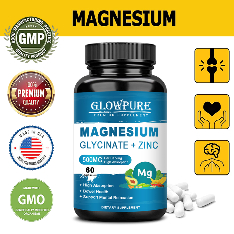 Magnesium Glycinate Capsules 500 mg for Sleep, Heart, Nerve and Bone Support Natural Health Supplement with Zinc Vitamins D3 B6