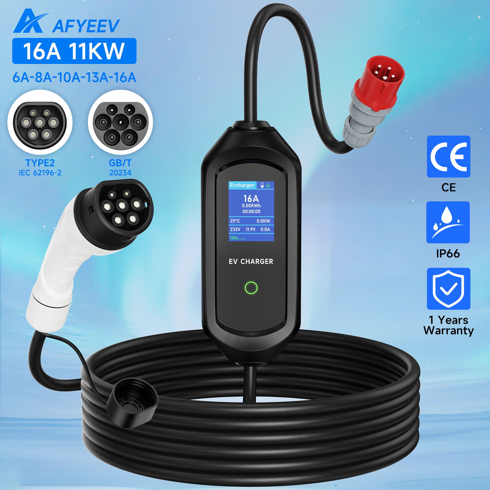 AFYEEV 11KW 16A EV 充電器 Type2 IEC62196-2 EVSE 充電ボックス電気自動車充電器 CEE プラグ GB/T 電気自動車充電器