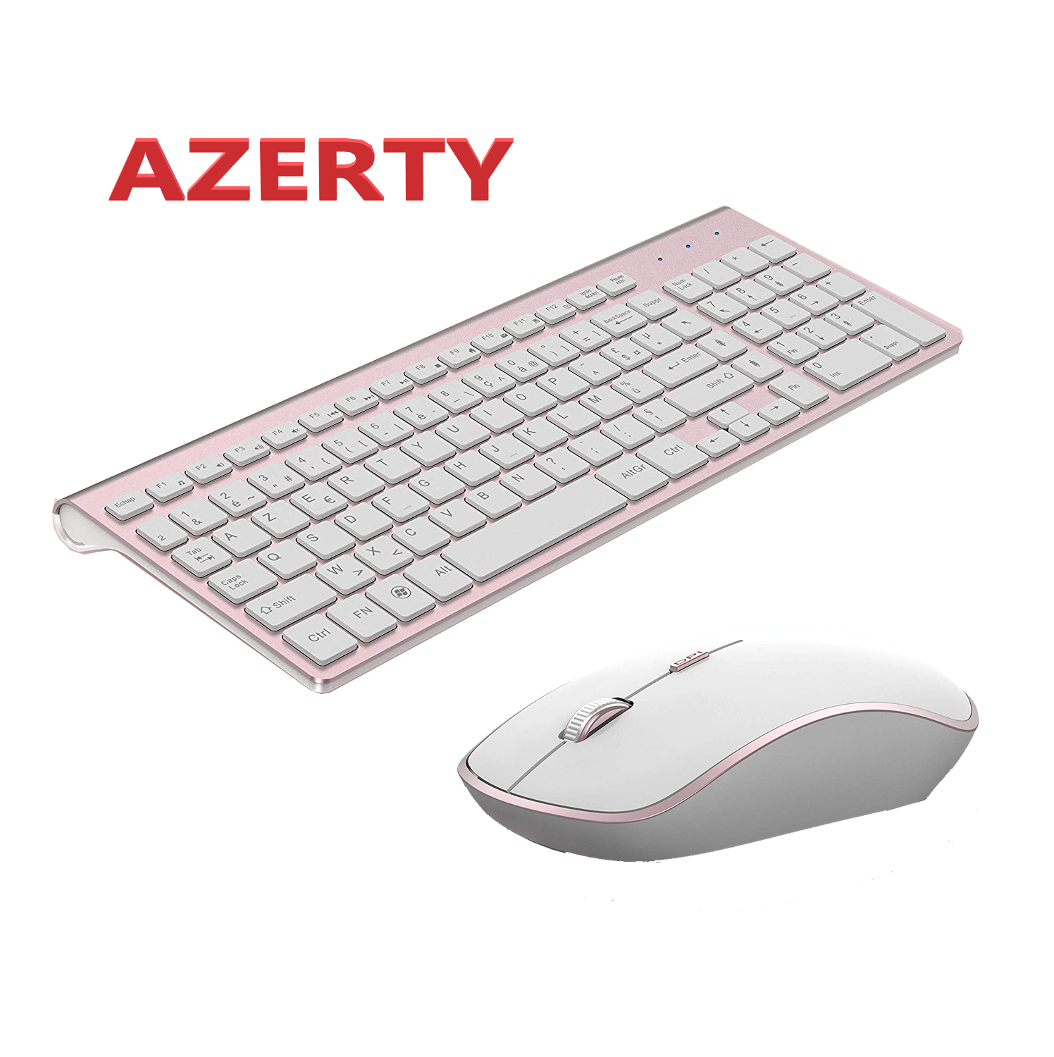 フレンチキーボード ワイヤレス 2400DPI マウス 2.4Ghz 超スリム AZERTY キーボード マウス セット、ポータブル サイレント 人間工学に基づいた - ピンク/シルバー