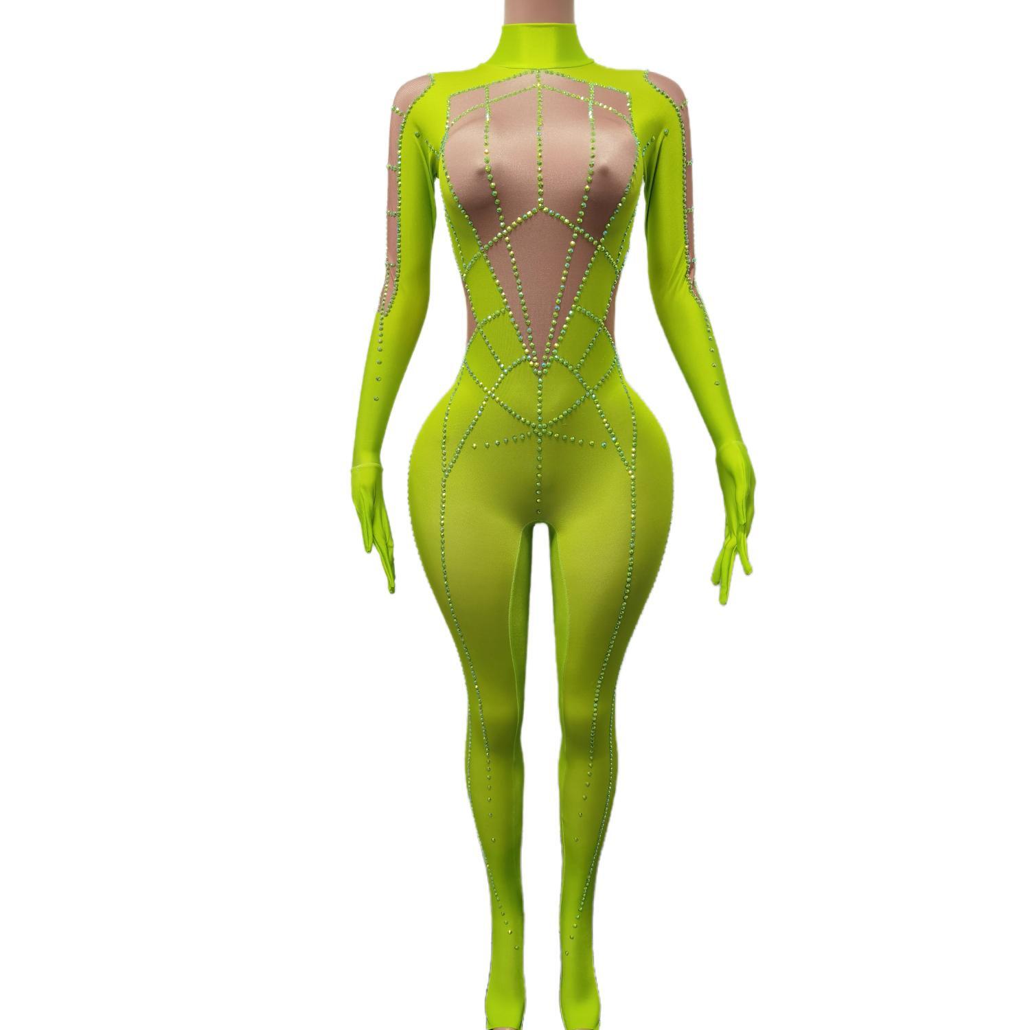 ハロウィン点滅ラインストーンレオタード女性ジャンプスーツクリスタル弾性ボディスーツ歌手パーティーショーポールダンス衣装 Lvzhizhu