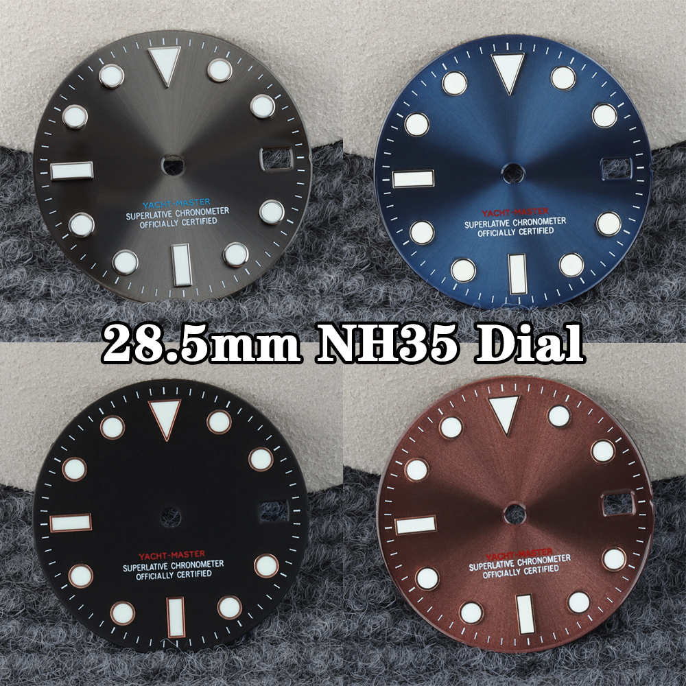 グレー nh35 ダイヤル 28.5 ミリメートルヨットマスターダイヤルブルー発光 nh35 nh36 ムーブメント NH35 時計の文字盤時計修正アクセサリー