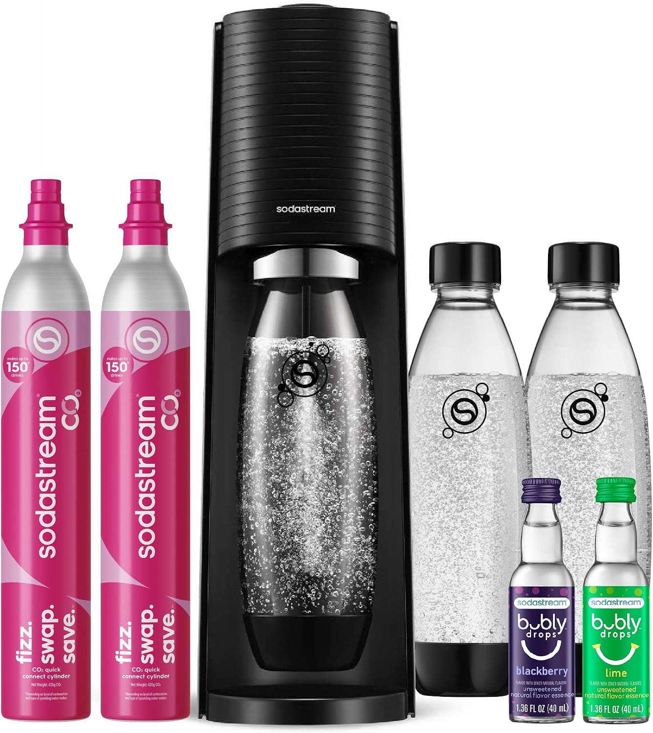 Torvani Store SodaStream TERRA スパークリングウォーターメーカー、バリューバンドル、CQC CO2 システム、クイックコネクト 60L CO2 シリンダー 2 本、食器洗い機対応 BPA フリーボトル 3 本、泡立つフレーバードロップ 2 個が含まれ、自分で作ろう