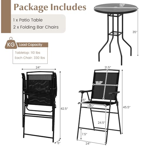 Black 3-Piece Outdoor Bar Set: Round Patio Table With Umbrella Hole And Two Folding Counter Chairs
