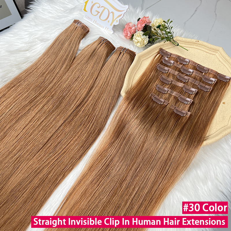 #30 Invisible Clip in Hair Extensions 100% Human Hair Straight Raw Virgin Hair 7Pcs/Set 100g PU Seamless Double Weft Clip Ins