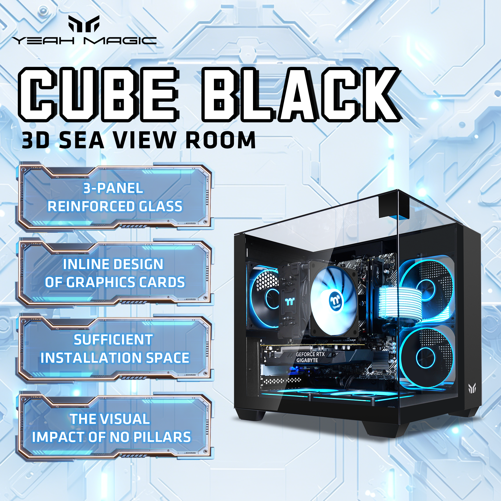Yeah Magic Cube MATX ハイスタイル ケース 三面ガラス サイドビュー シービュー パノラマ ゲームおよびビジネス コンピューター ケース
