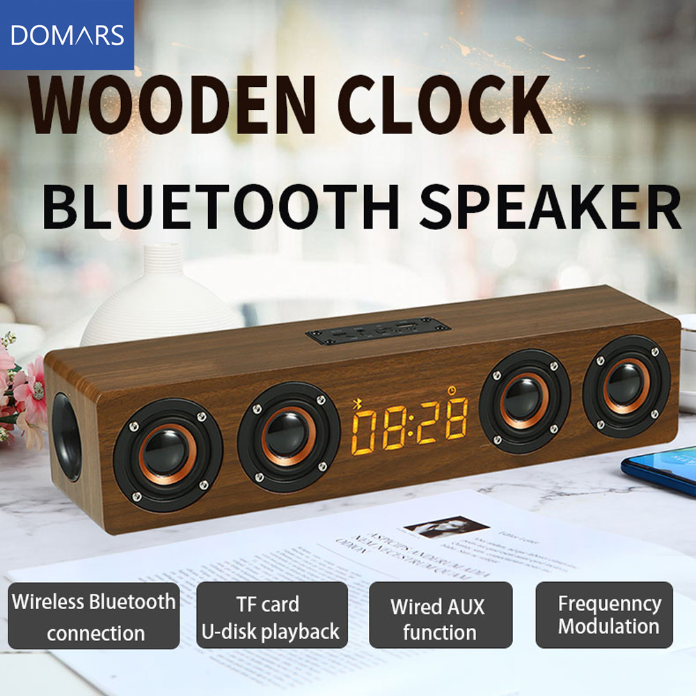 Domars ワイヤレス Bluetooth 5.0 スピーカー木製目覚まし時計ディスプレイサウンドシステムプレーヤー AUX TF FM ラジオサブウーファーボックス付き