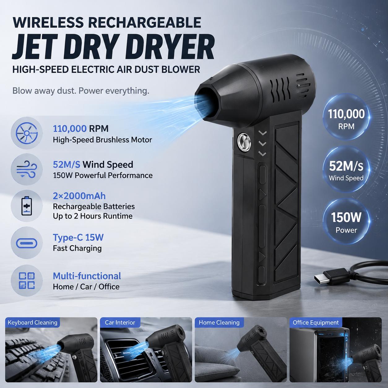 コードレス車用掃除機電動送風機 3 スピード 110000 RPM 充電式圧縮空気ダスター ジェット ドライ ブロワー USB 付きポータブル ハンドヘルド車のインテリアの掃除用塵除去自動車ホーム U