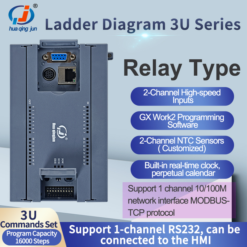 Huaqingjun 16DI 16DO リレー出力 PLC RS485 232 LAN ラダー図 2AI 2AO 0-20mA PLC コントローラ産業オートメーション用