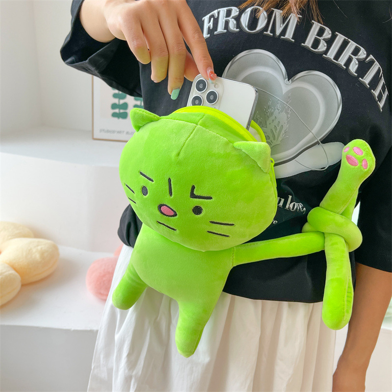 かわいいエイリアン猫ぬいぐるみバックパックかわいいグリーンキティシングルショルダーバッグ悲しい猫漫画ぬいぐるみバッグ女性のためのファッションクロスボディバッグ