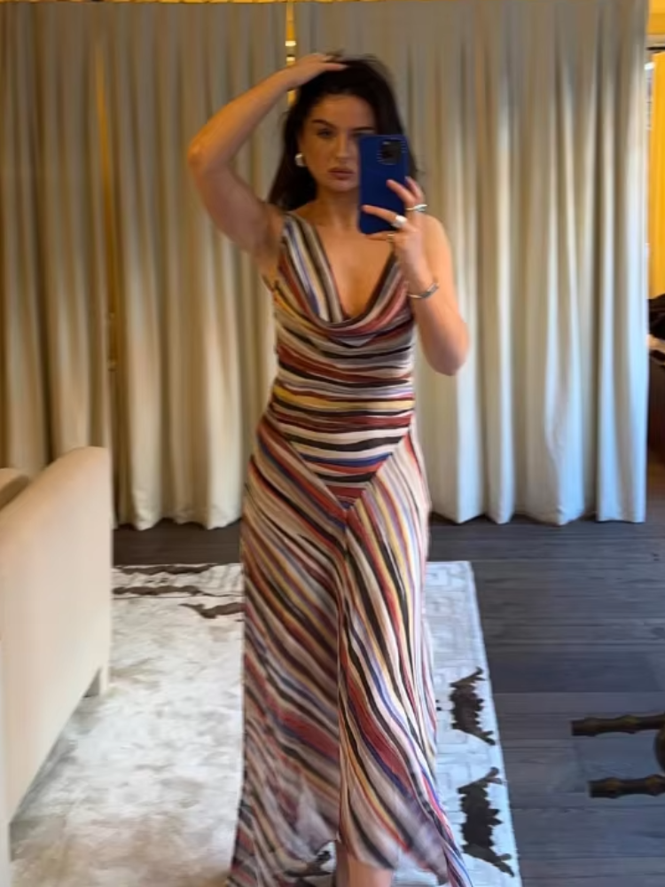 女性ノースリーブストライプマキシドレスカウルネックマルチカラーシャーリングボディコンハイスリットシフォンVestidoセクシーなイブニングパーティーサマードレス