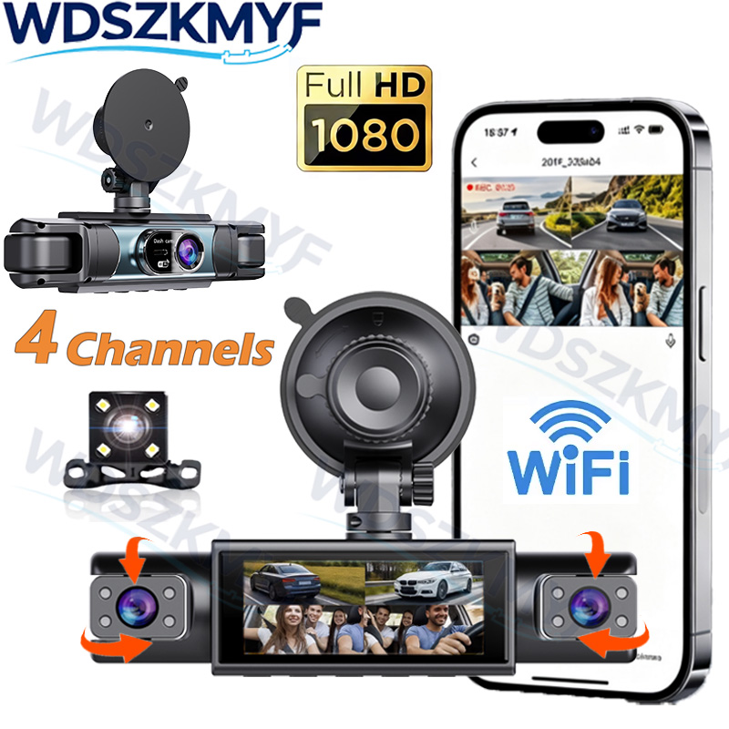 1080P 4Ch WiFi ダッシュカム車カメラ運転 DVR フロント左右リアナイトビジョン 3 レンズ 24 時間駐車ループ録画ハードワイヤーキット