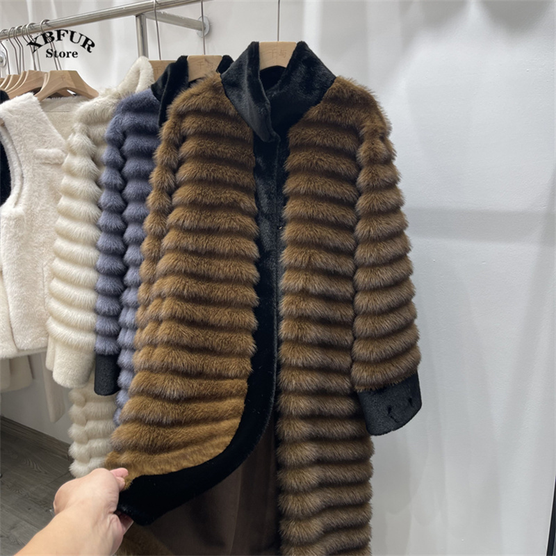 冬ロングストライプふわふわフェイクミンクファーコート女性スタンドカラー暖かいロングトレンチコートファッションふわふわぬいぐるみ 2025 アウター