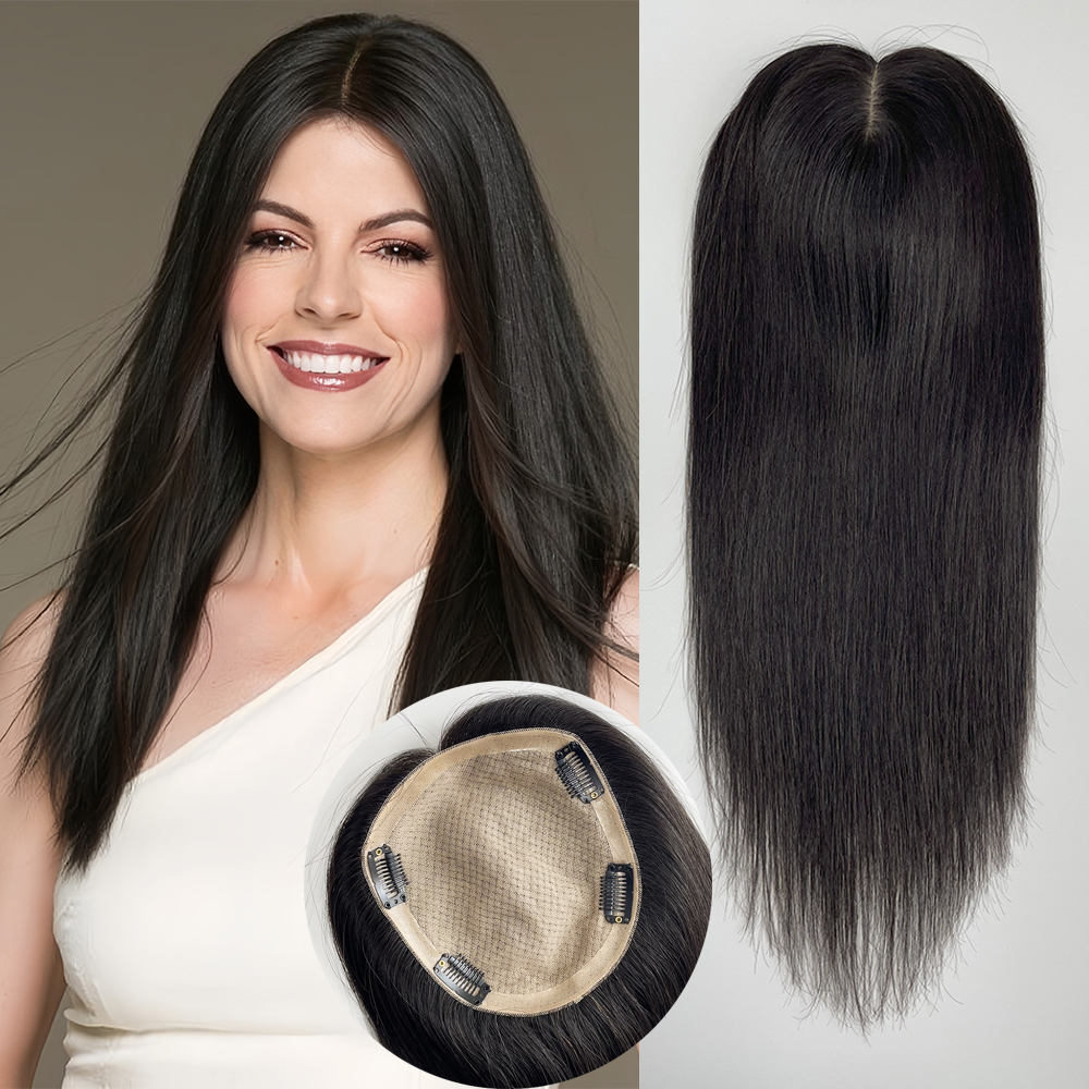 シルクベース人毛トッパー女性用バージンヨーロッパレミーヘアピース 10 × 12/12 × 14/14 × 16 センチメートル通気性シルクトップとクリップ