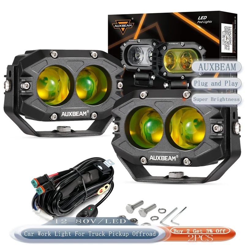 Auxbeam DC 12-80V 4 インチスクエアスポットライト LED ワークライト、トラックピックアップ用ハーネス付きオフロード PCB レンズアルミ合金シェル